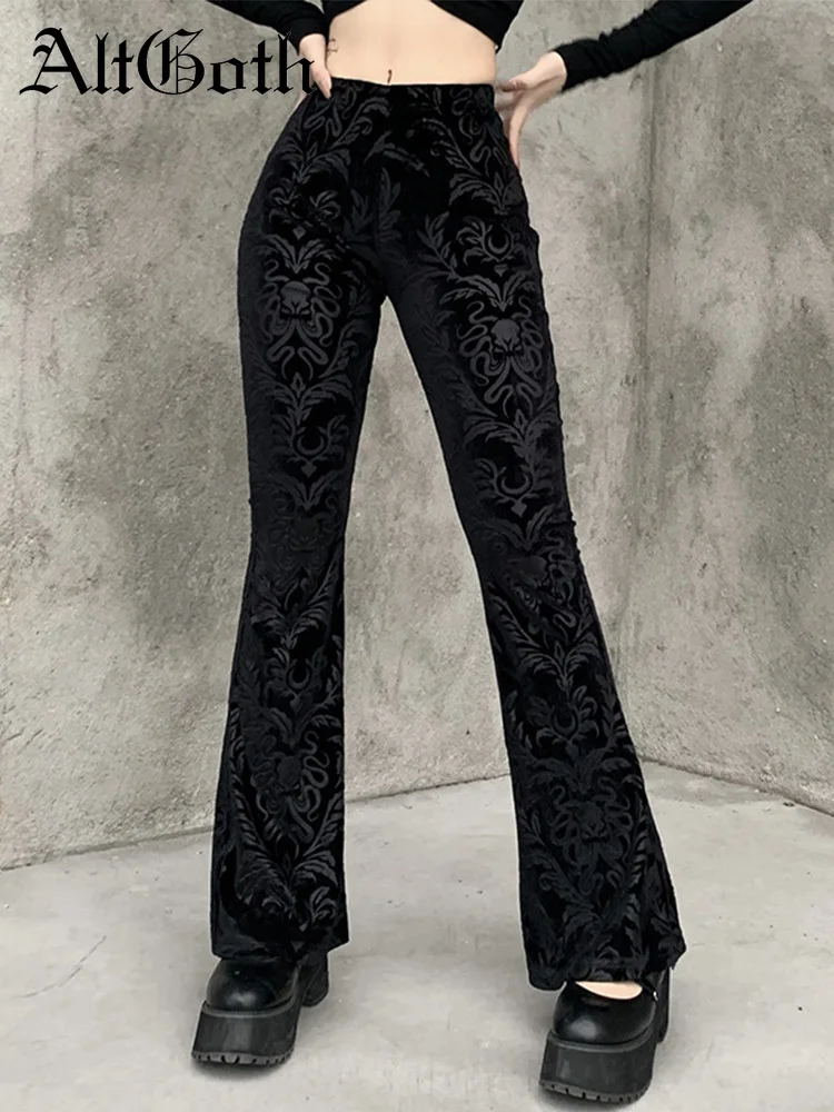 

AltGoth Vintage Dark Gothic Velevt Pants Women Streetwear Harajuku High Waist Solid Color Black Casual Flare Pants Female Y2k