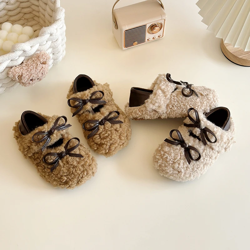 

2025 Winter New Children Sweet Plush Shoes Girls Fashion Korean Style Soft Bottom Anti-slippery Versatile Chic Princess Shoes