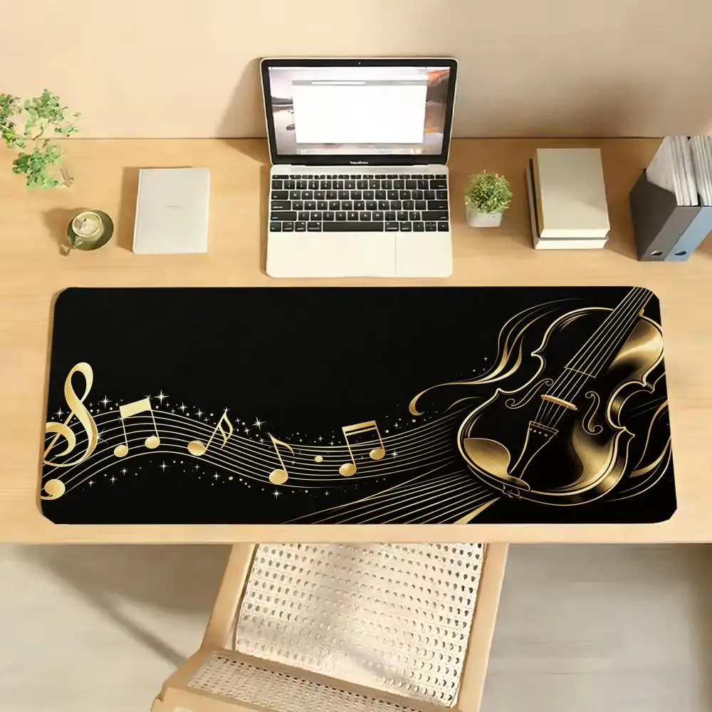Luxury Golden Guitar Music Note Pattern Extended Mouse Pad, Non-Slip Rubber Base Stitched Edge Large Gaming Desk Mat