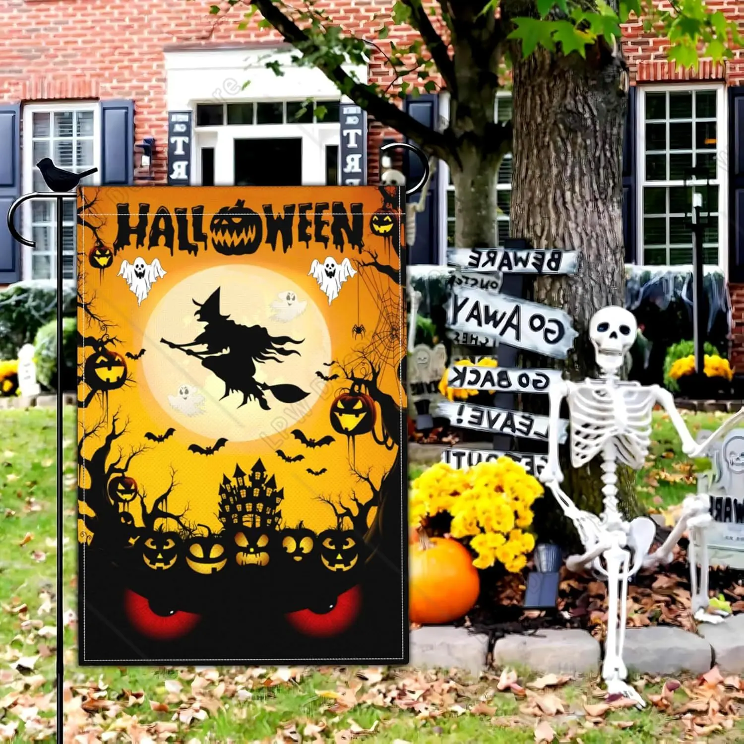 Halloween Garden Flag  Scary Witch Pumpkin Design Welcome Ghost Cat Outdoor Yard Sign
