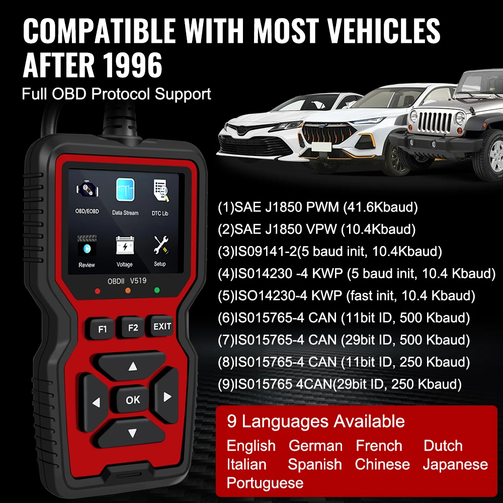 12V V519 V309 ELM327 OBD2 Scanner OBDII Car Diagnostic Tools Code Reader Ignition Battery Tester Detector Automotive Accessories