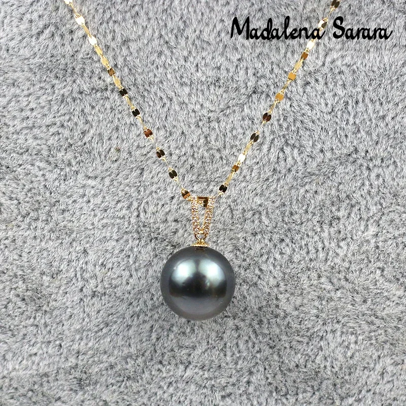 DSHIJOJ 10-11mm AAA Natural Black Tahiti Pearl 18K Pendant Women Necklace Au750 Made Diamond Inlaid