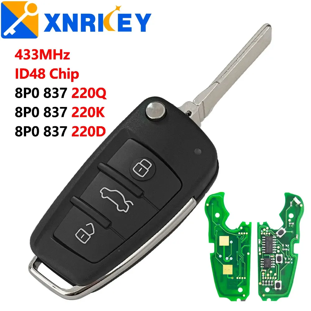 

XNRKEY 3 Button Flip Remote Car Key ID48 Chip 433Mhz for A2 A3 S3 TT A4 S4 Cabrio Quattro Avant 2005-2013 Part Number 8P0837220D