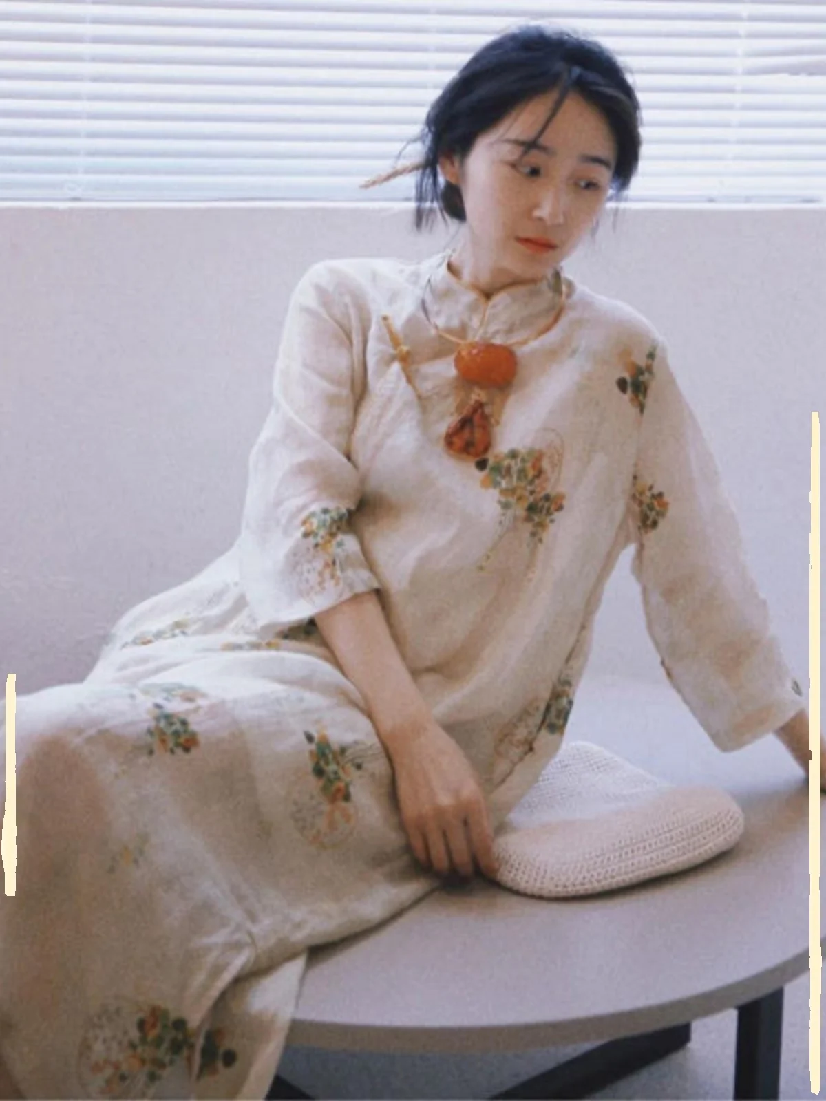 New Chinese Style National Trend  Silk Printed Improved  Dress Large Size Women's Retro Button Slit Anti-aging