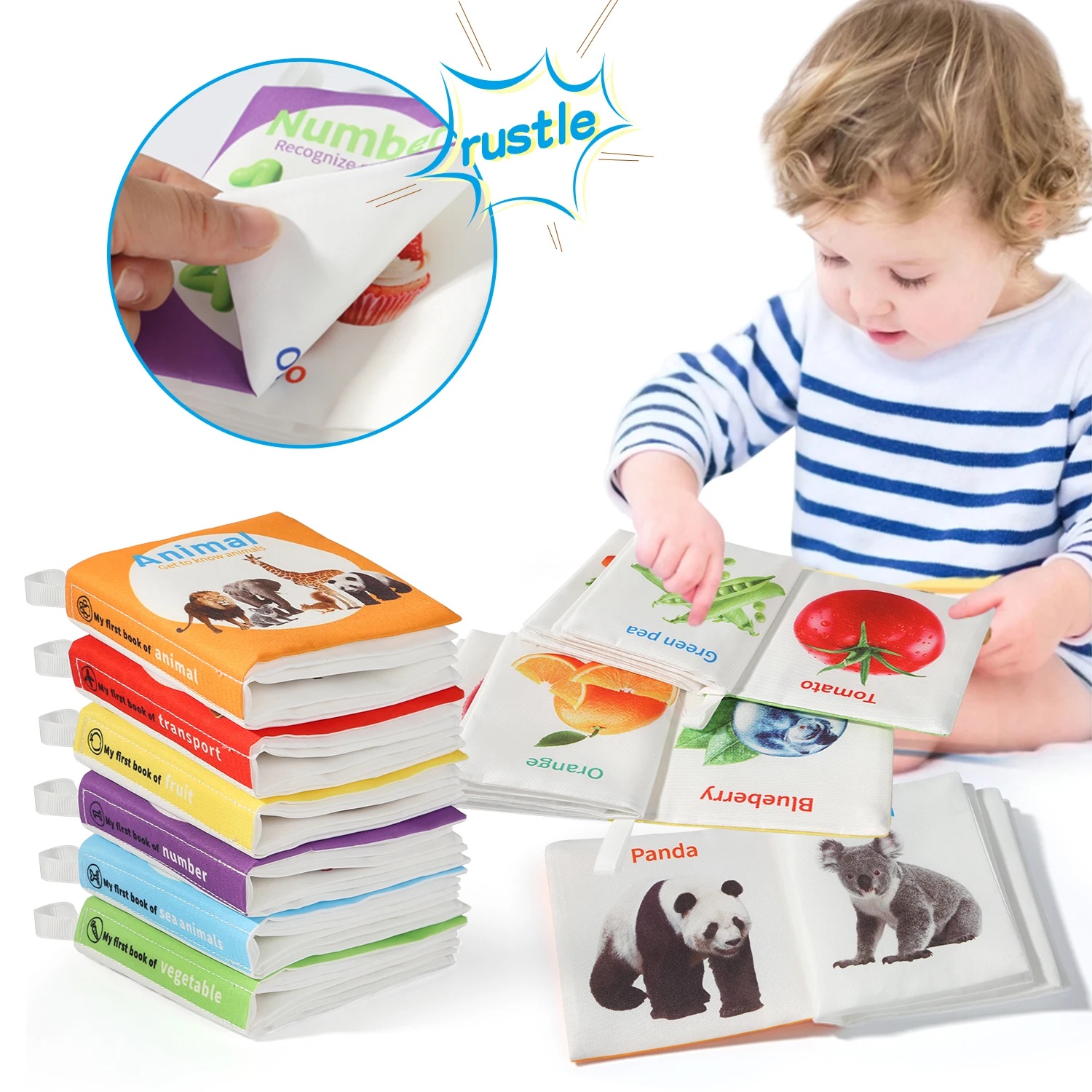 6-seitige Stoffzyklopädie für Babys – 0–6 Monate ​   – Verdicktes, waschbares Soundpapier + Touch-Griff, visuelles und frühes Lernen für Neugeborene