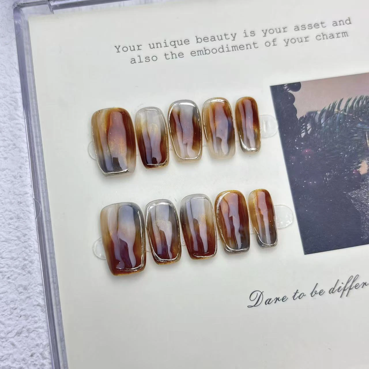 10 stks/zak Amber Gedompeld Effect Goud Franse Wijn Rood Goud Chroom Handgemaakte Druk Op Nagels Medium Vierkant Afneembare Kunstnagels