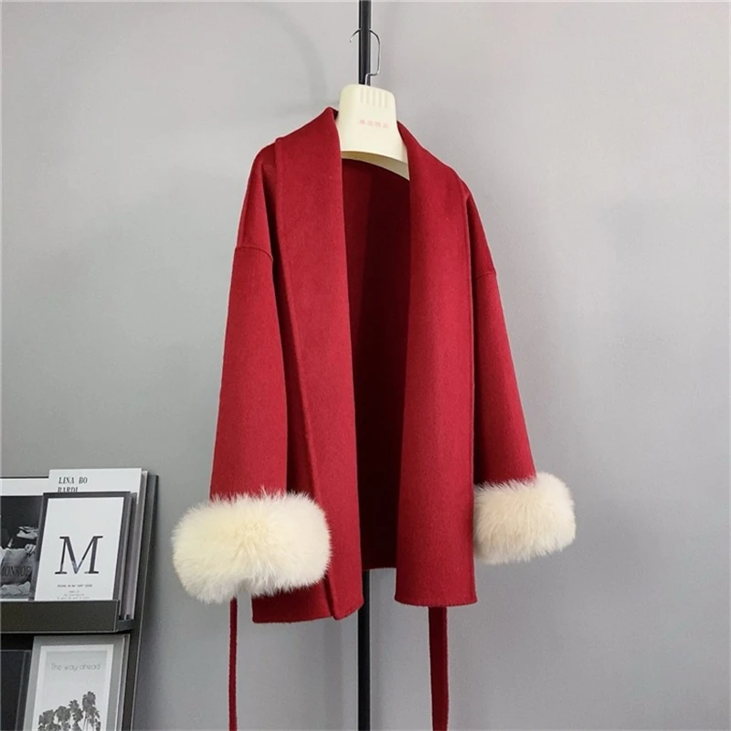 2023 Genuine Wool Tweed Cashmere Jacket Lace-up Fox Hair Removable Red Medium-length Elegant Warm Coat PT442