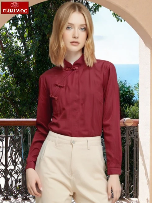 

Women's Mandarin Collar Qipao-Style Shirt Retro Vintage Button Basics Long Sleeve Blouse New Year Chinese Red Cotton Tops