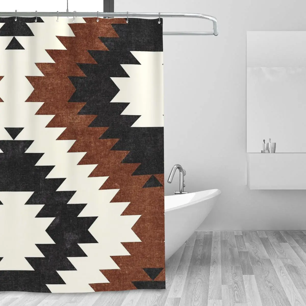 Aztec Neutrals - Inkwell & Brandywine Shower Curtain Bathroom Polyester Waterproof Bath Curtains with Hooks