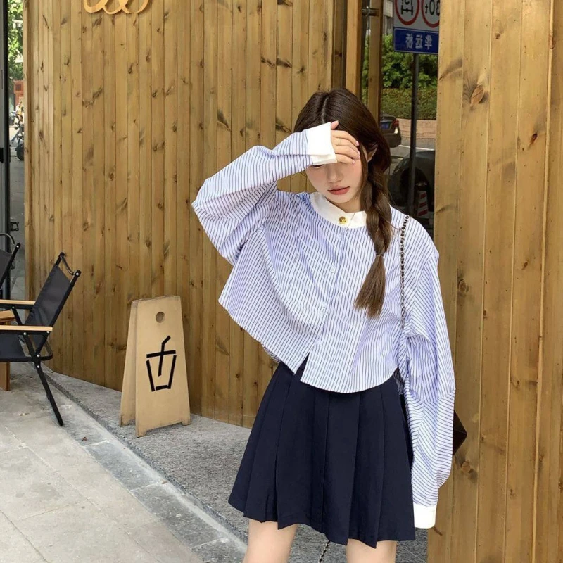 Spring New Blue Striped Long Sleeve Loose Short Shirt Tops Korean Lazy Youth Contrast Blouse Fashion Temperament Women Clothing