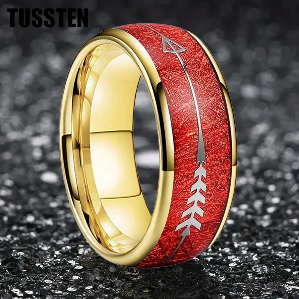 TUSSTEN 6/8MM Hot sale Fashion Black Dome Ring Unique Inlay Red Meteorite Silver Arrow Tungsten Carbide Rings Comfortable Fit