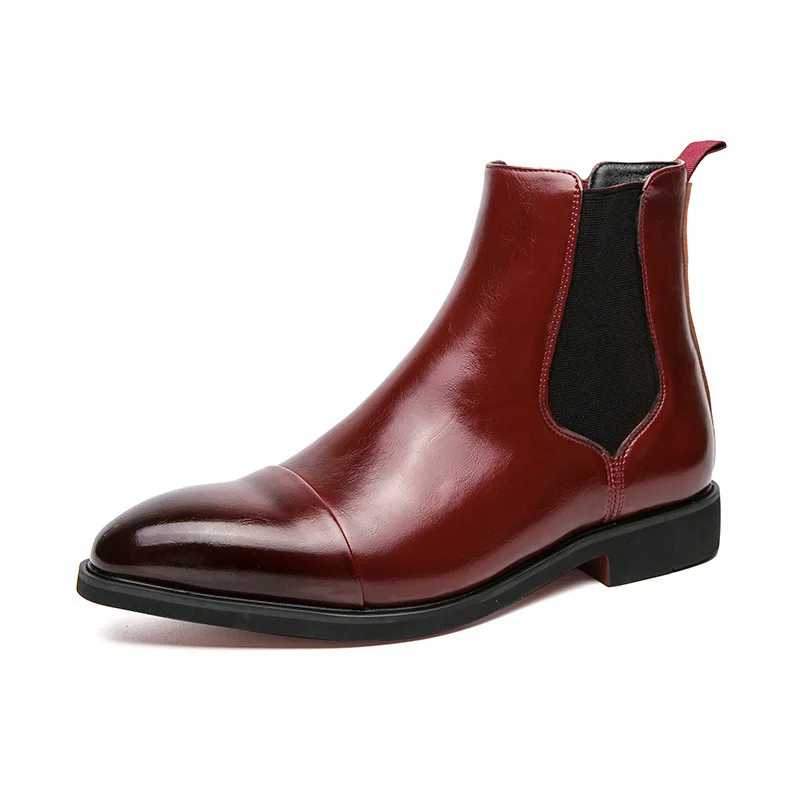 Men's Spring and Autumn High cut Red Leather Shoes with Pointed Toes  Large Size Boots  British Casual Chelsea Boots view 5