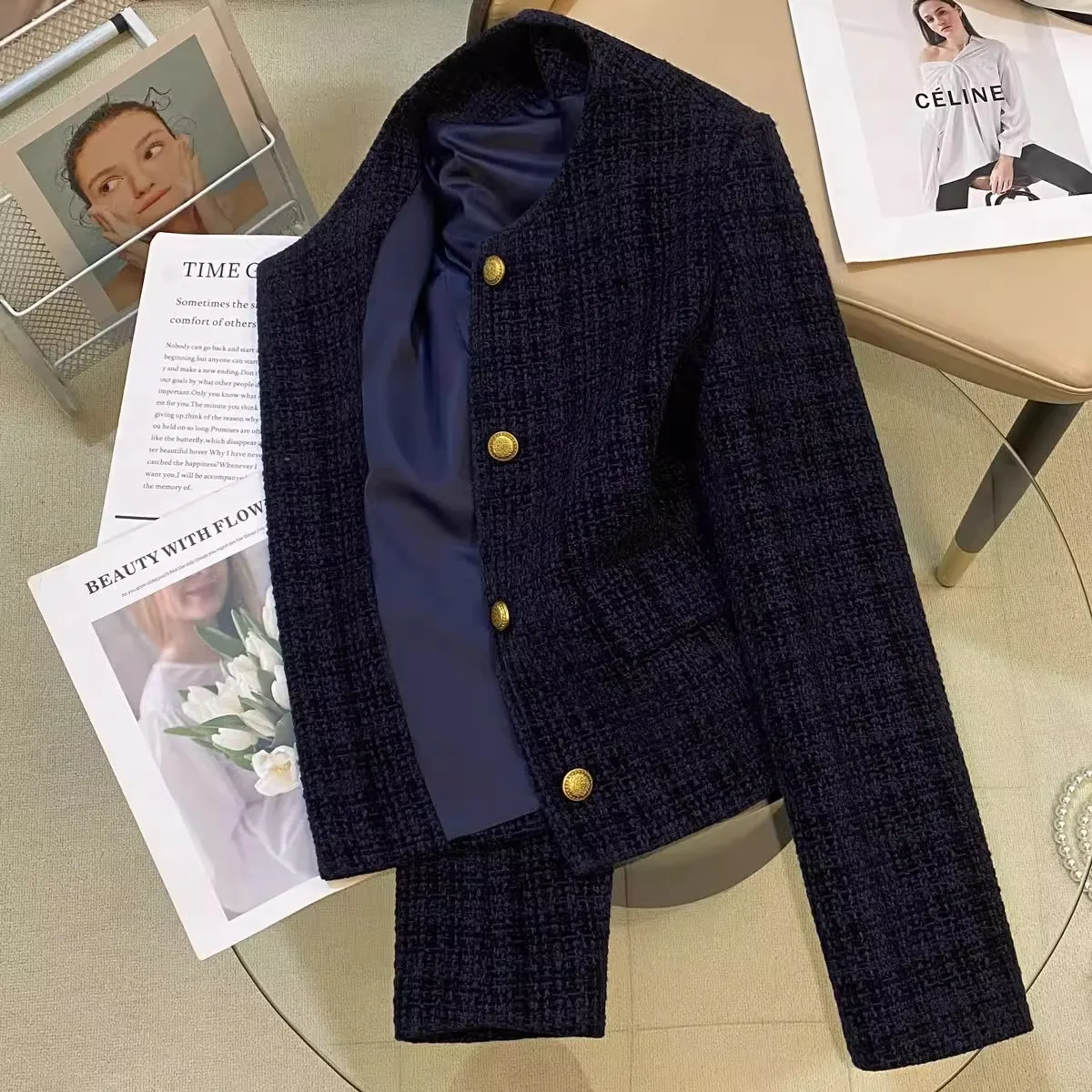 

Women's Navy Blue Tweed Cropped Blazer Coat Harajuku Retro Small Fragrance Cardigan Tops Elegant Office Street Chic Y2K Clothes