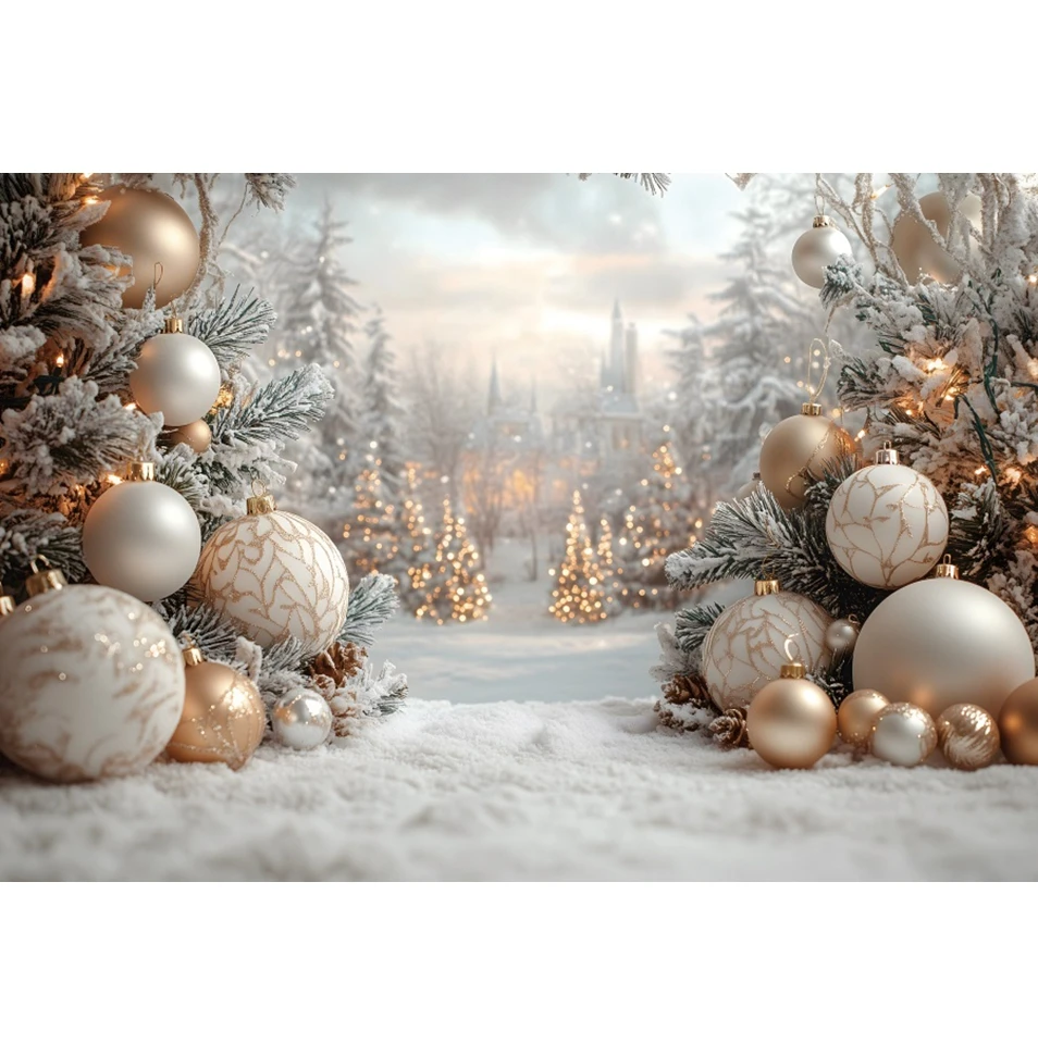 Winter Christmas Backdrop Pine Trees Bells Outdoor Snowfield Kids Portrait Photography Background Decor Photostudio Photobooth