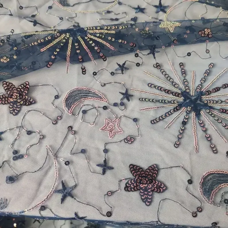 3 colors Navy Blue Pink Gold Tulle Sequin Star Moon Embroidery Lace Fabric For Bridal Wedding Fabric Headband Fabric 51