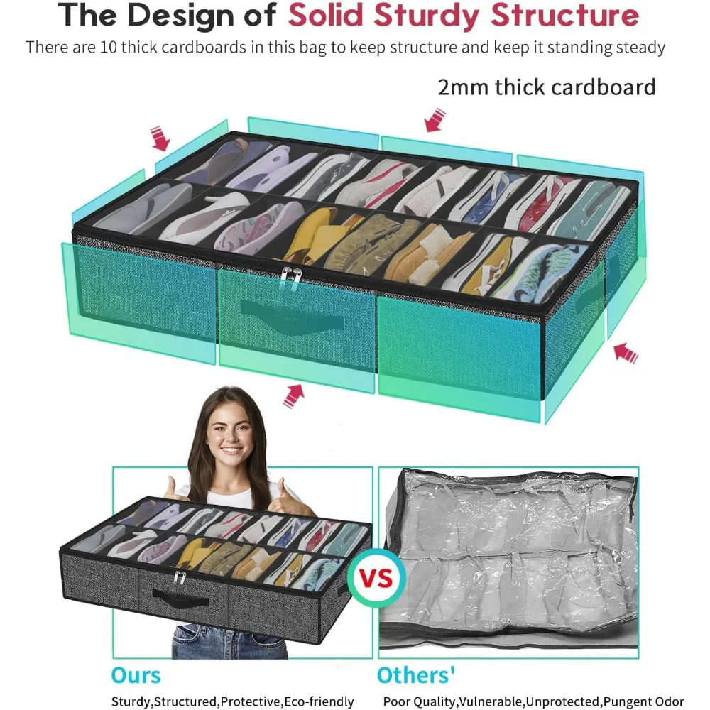Schuh ablage Organizer Box für unter dem Bett, passen 12 Paar, zusammen klappbarer Schrank Unterbett Schuhe Container Taschen mit verstärkten Griffen