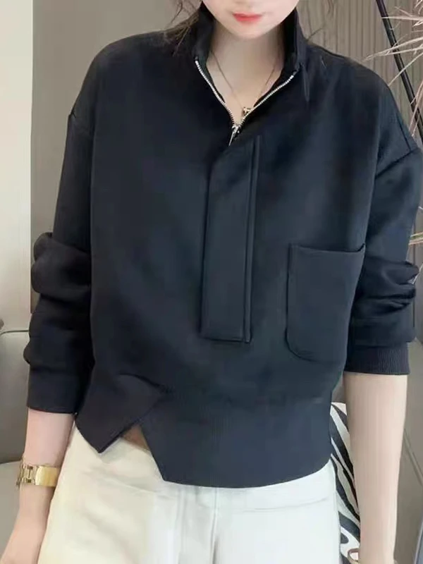 Felpa con Cappuccio Taglie Forti con Zip, Collo Alto, Moda Autunno Inverno, Top Ampio e Snellente, Stile Coreano