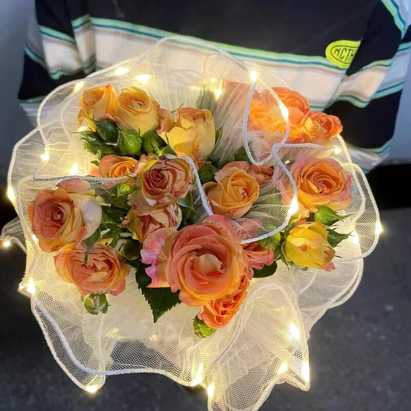 2Meters LED Flower Bouquet Wrapper Tulle Roll Wedding Party Flower Bouquet Gift Cake Packing Craft Mother's Valentine's Day Gift