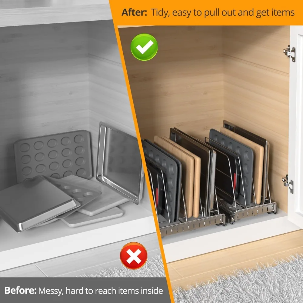 Stainless Steel Pull Out Cabinet Organizer for Cutting Boards & Bakeware - Heavy Duty Sliding Rack (9x16.5in)