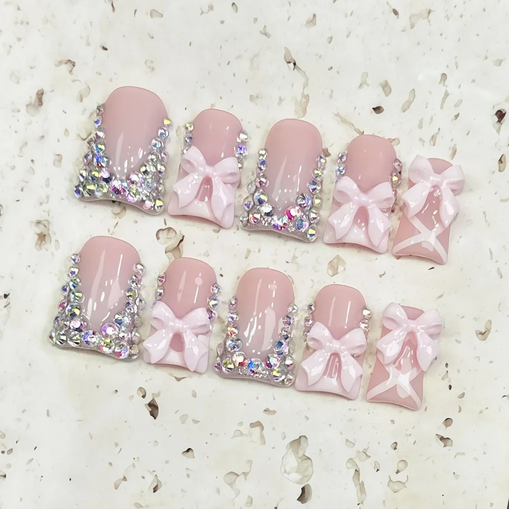10pcs high-end Sweet girl style, hand-painted three-dimensional pink bow, dazzling cluster of diamonds handmade fake nails