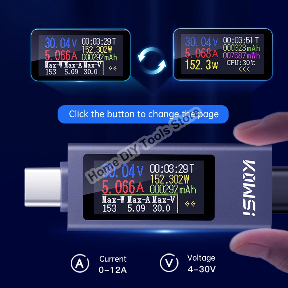 Imagem -01 - Tipo-c Multi-função Display Digital dc Amperímetro de Tensão Medidor de Potência Tester de Carregamento de Telefone Celular dc 430v 012a Kws2302c tipo c multi funcao display digital dc amperimetro de tensao medidor de potencia tester de carregamento de telefone celular dc 430v 012a kws2302c 01