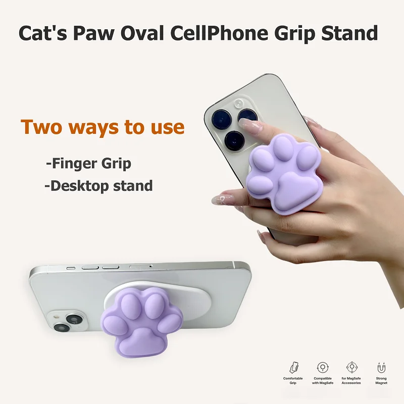 

Magnetic CellPhone Grip Stand for iPhone 15 14 13 12 Cat's Paw Oval CellPhone Holder with White Holder Foldable GripTok PoSocket