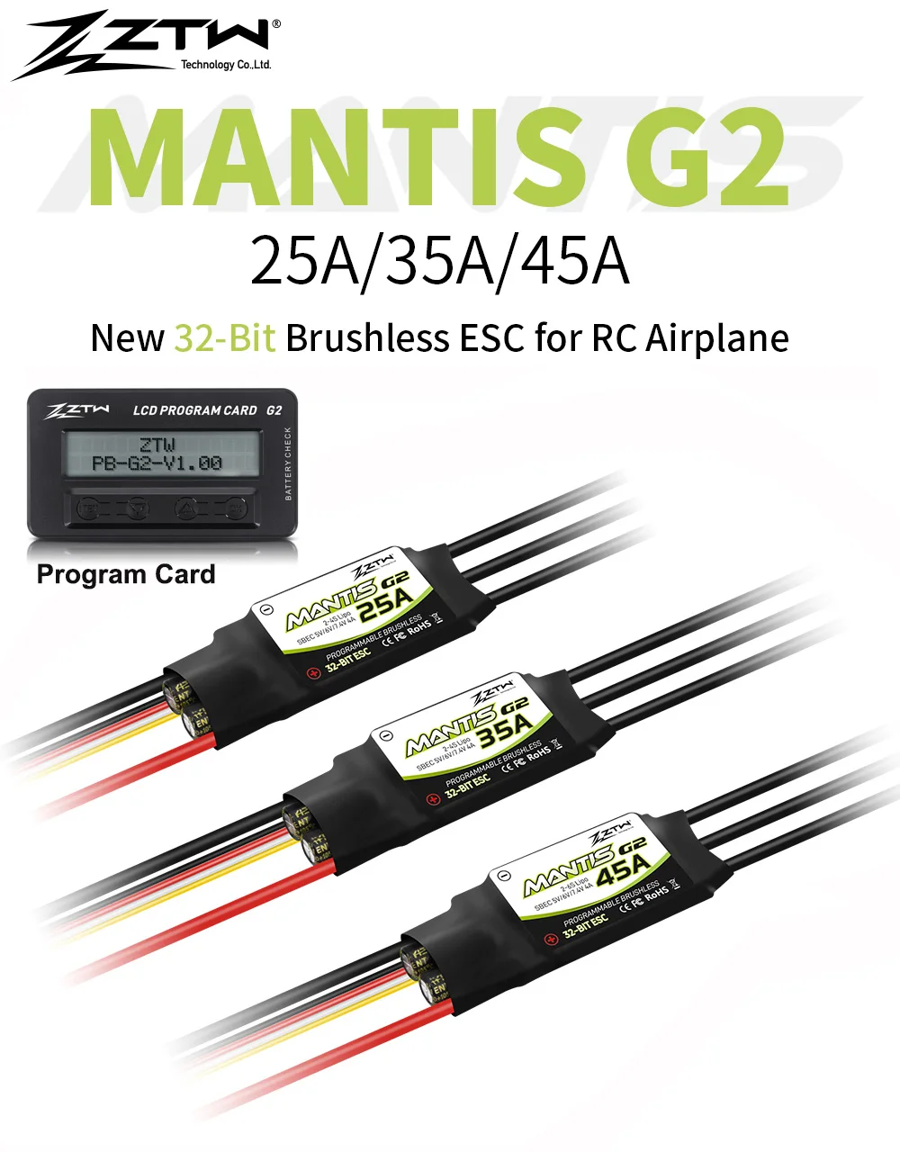 ZTW Upgraded 32-Bit ESC Mantis Slim G2 25A/35A/45A SBEC 6V/3A 2-4S Brushless Speed Controller For RC Foam Airplane F3P 3D Flying