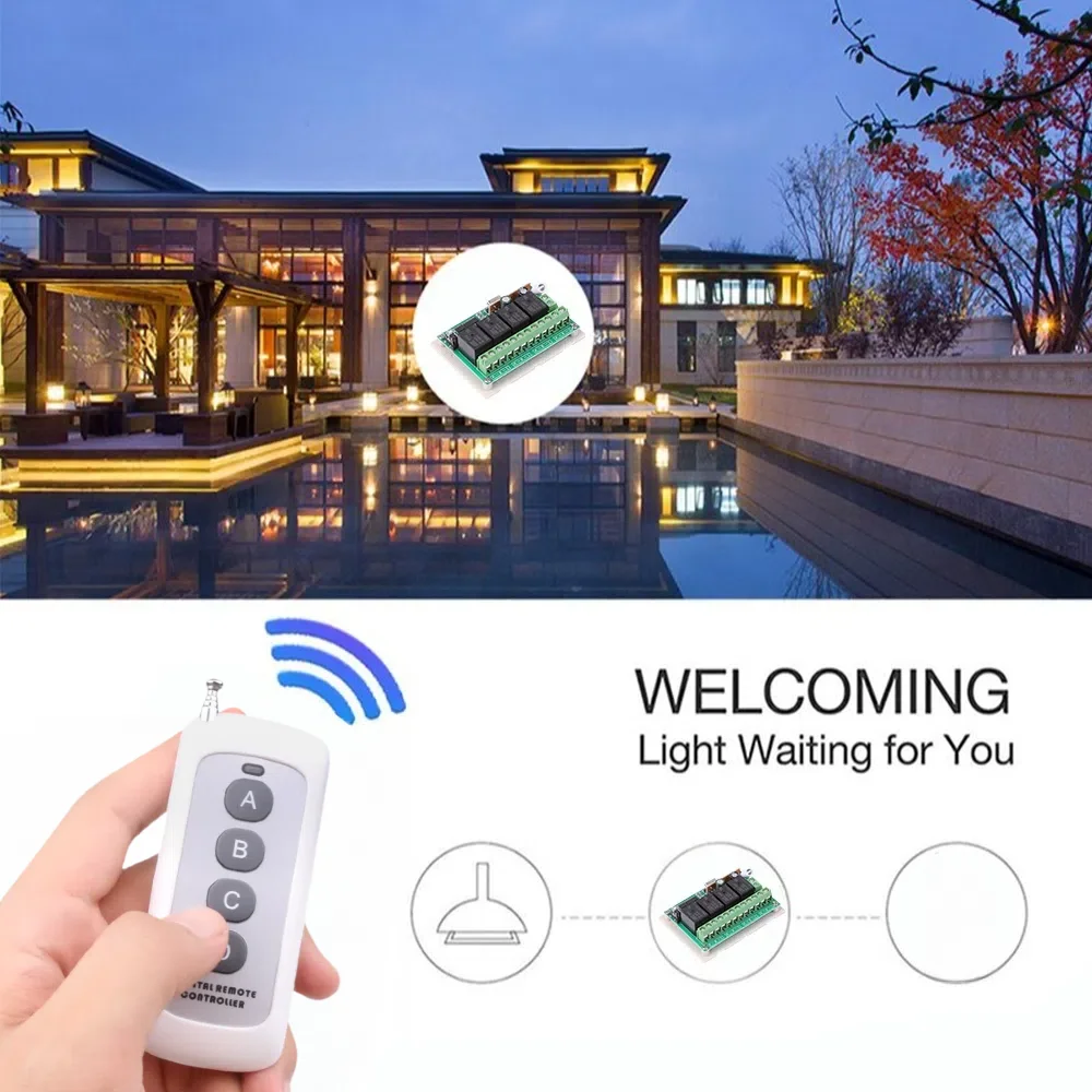 リモコン付きワイヤレスRFスイッチ,433MHz,12V DC,乾式接点,10Aリレー受信機,1000m送信機,ガレージドア用DIY,モーターLED