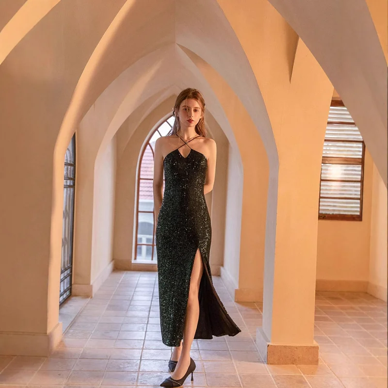 

New summer slit dress, elegant lady's sequin evening gown parties and hosts