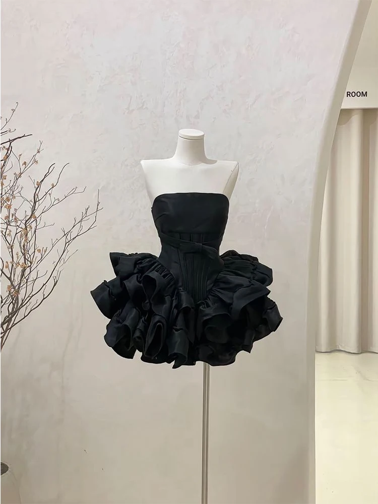 Elegant Black Sexy Short Dress Slimming Waist Design Ballet Gown Two-Piece Set Polyester Fabric No Sleeve One-Shoulder Style