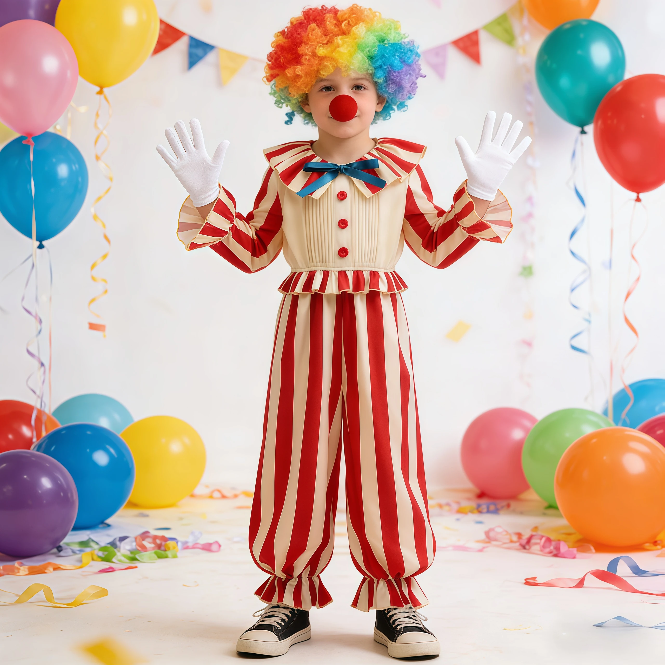 Boys Circus Joker Jumpsuit Costume Red Striped Jumpsuit Kids Birthday Party Carnival Stage Performance Halloween Clown Cosplay