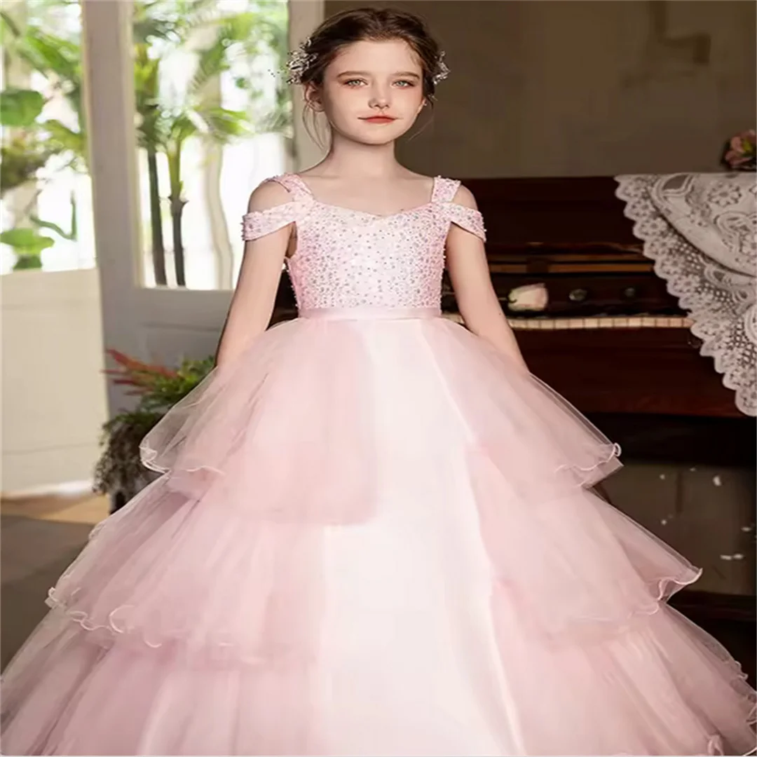 Girls' Bead mesh Pompadour cake Junior Bridesmaid dress First Communion Formal Wedding dress/customizable