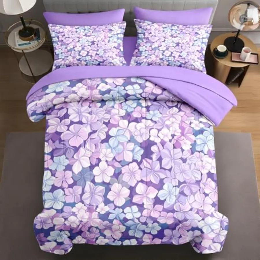 

5 Pcs Size Comforter Set with Pillowcase and Sham Purple Pink and Blue Floral Bedding Set for and Adults Blossom Flower Bed in