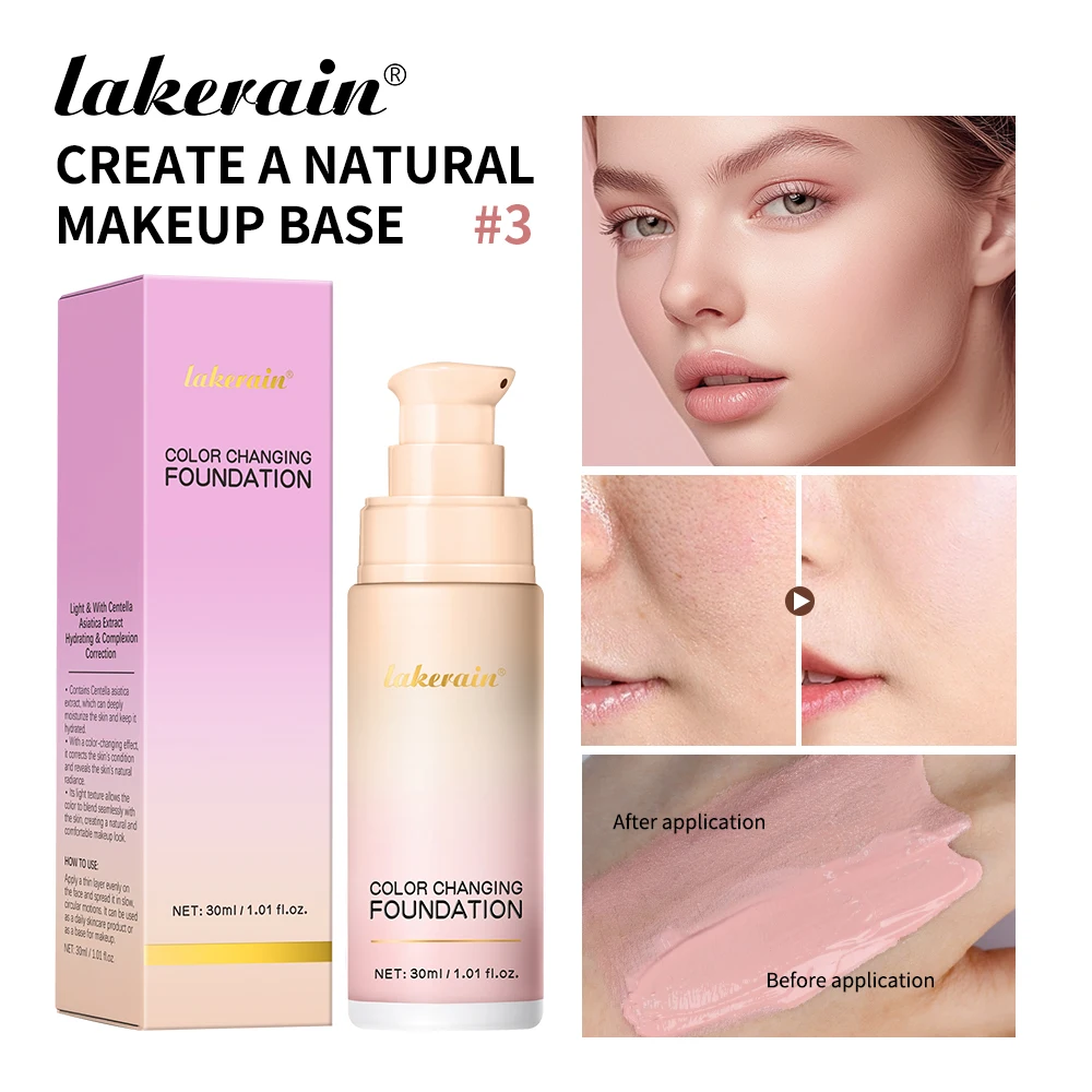 Lakerain 30ml Color Changing Foundation Long-lasting Moisturizing Even Skin Tone Liquid Coverage Lightweight Base Natural Makeup