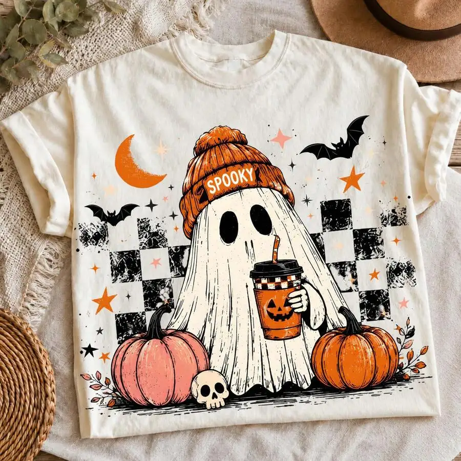 Women's Preppy Graphic Tee Halloween Ghost Hat Pumpkin Coffee Print Crewneck Short Sleeve Casual Top For Summerween Fall Gift Idea