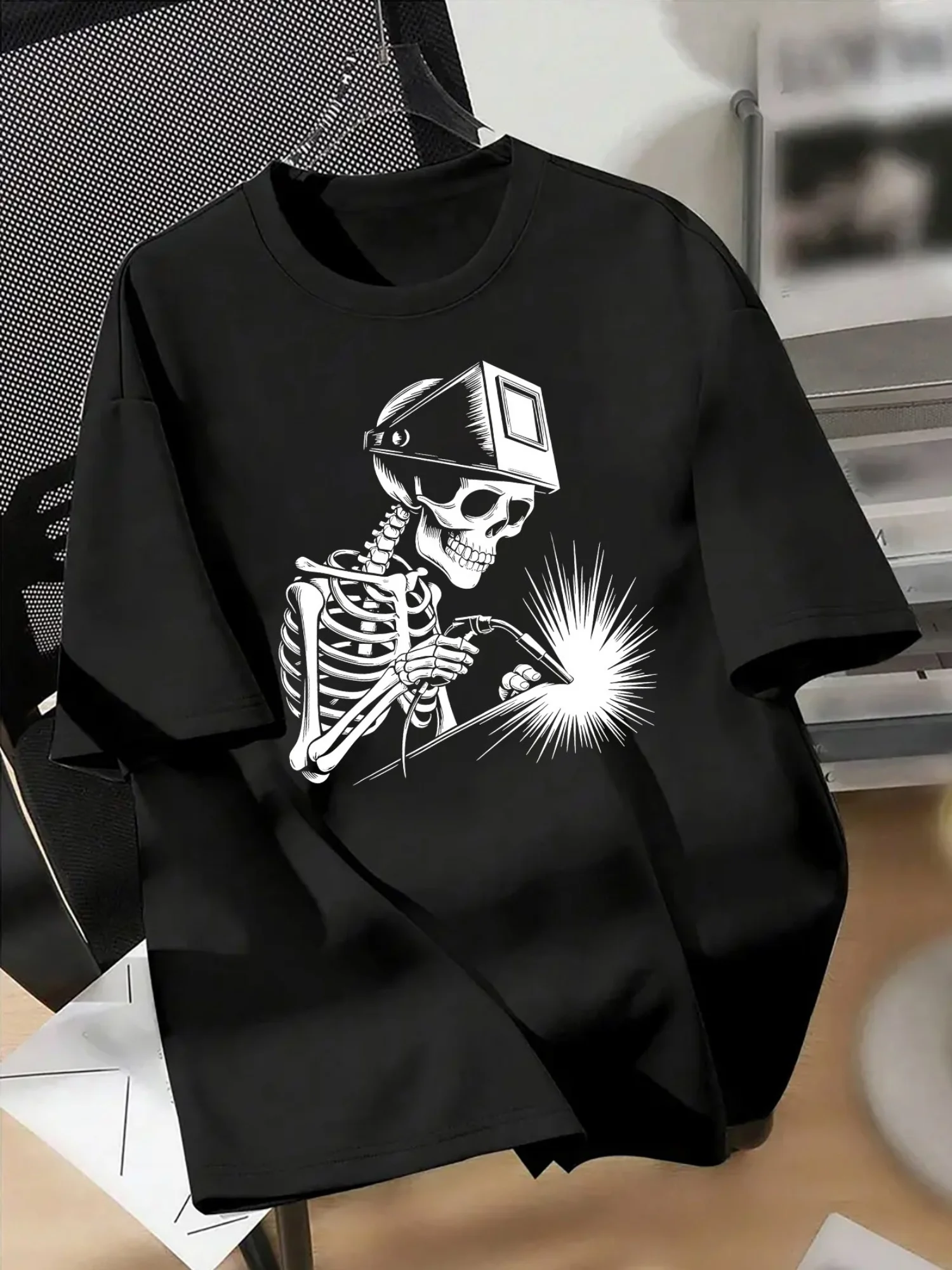Funny Industrial Welding Welder Skull Print T-Shirt O-Neck Short Sleeve Summer Casual Mens
