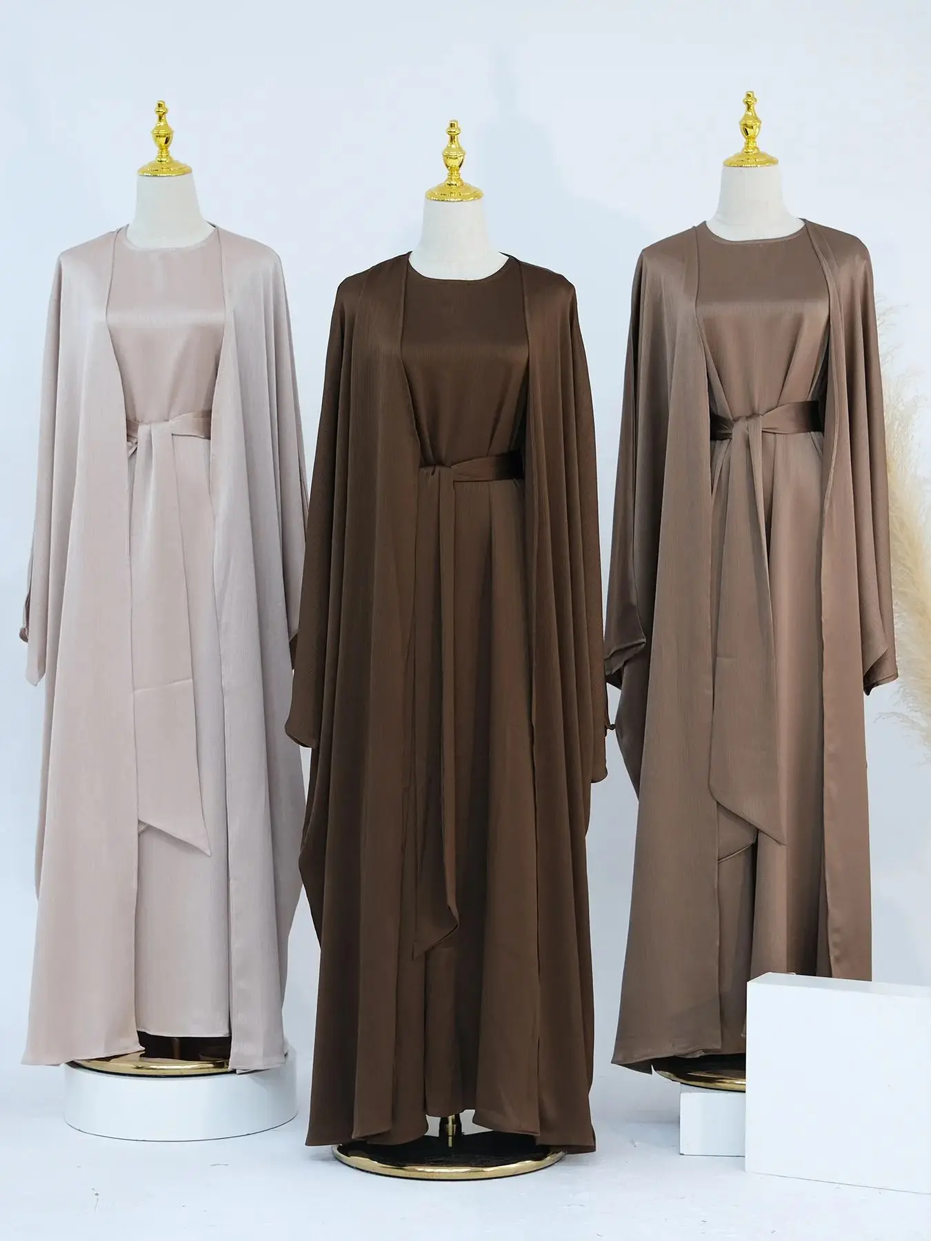 Ramadan Dubai Satin Plain 2 Piece Abaya Set Prayer Clothes Women Modest Muslim Sets Caftan Marocain Robe Femme Musulmane Kaftan