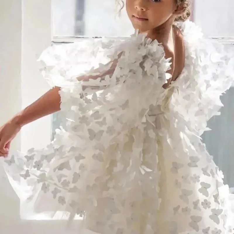 Fashion Baby Girl Dress Butterfly Puff Sleeve Child Tulle Princess Dress For Vestido Pageant Party Birthday  A3743