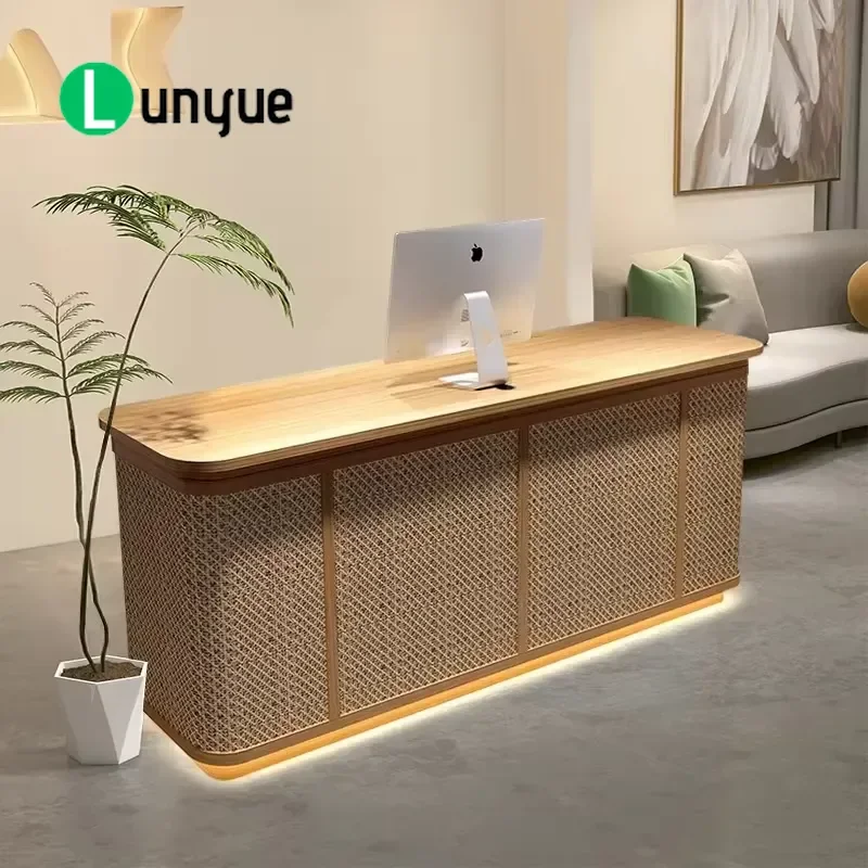 Japanese Style Rattan Front Desk Reception Counter for Retail Store Natural Wood Design Elegant Reception Station