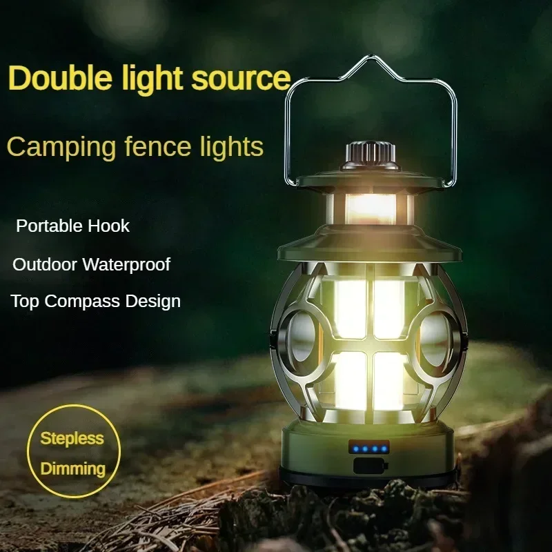 

Portable Retro Camping Lantern Compass Rechargeable Hanging Tent Light Stepless Dimmable Soft Atmosphere Lamp Outdoor Waterproof