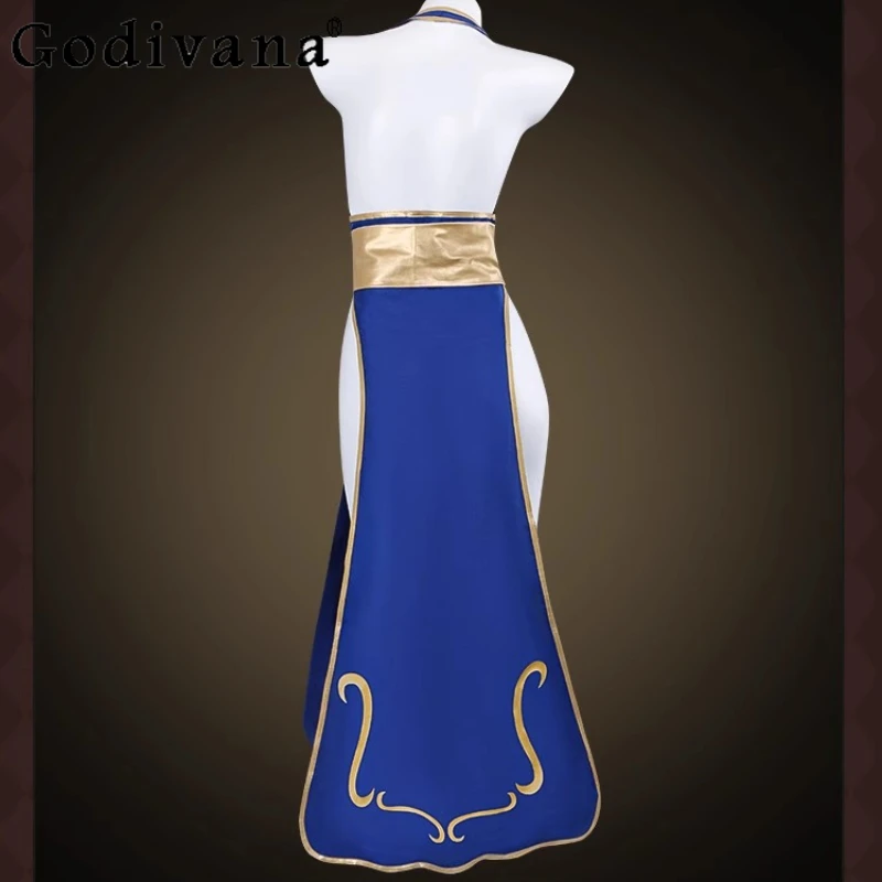 فستان رقص كوسبلاي أزرق برقبة رسن وفتحة عالية من شيونغسام فستان نسائي مثير لعبة مقاتلة الشارع فستان الهالوين للفتيات