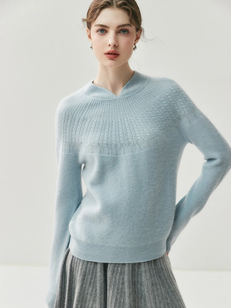 

TLOML Chic Women's 100% Cashmere Sweater Mock Neck Cable Knitting Pullover Cashmere Knitwear Autumn Winter Soft Warm Comfy Tops