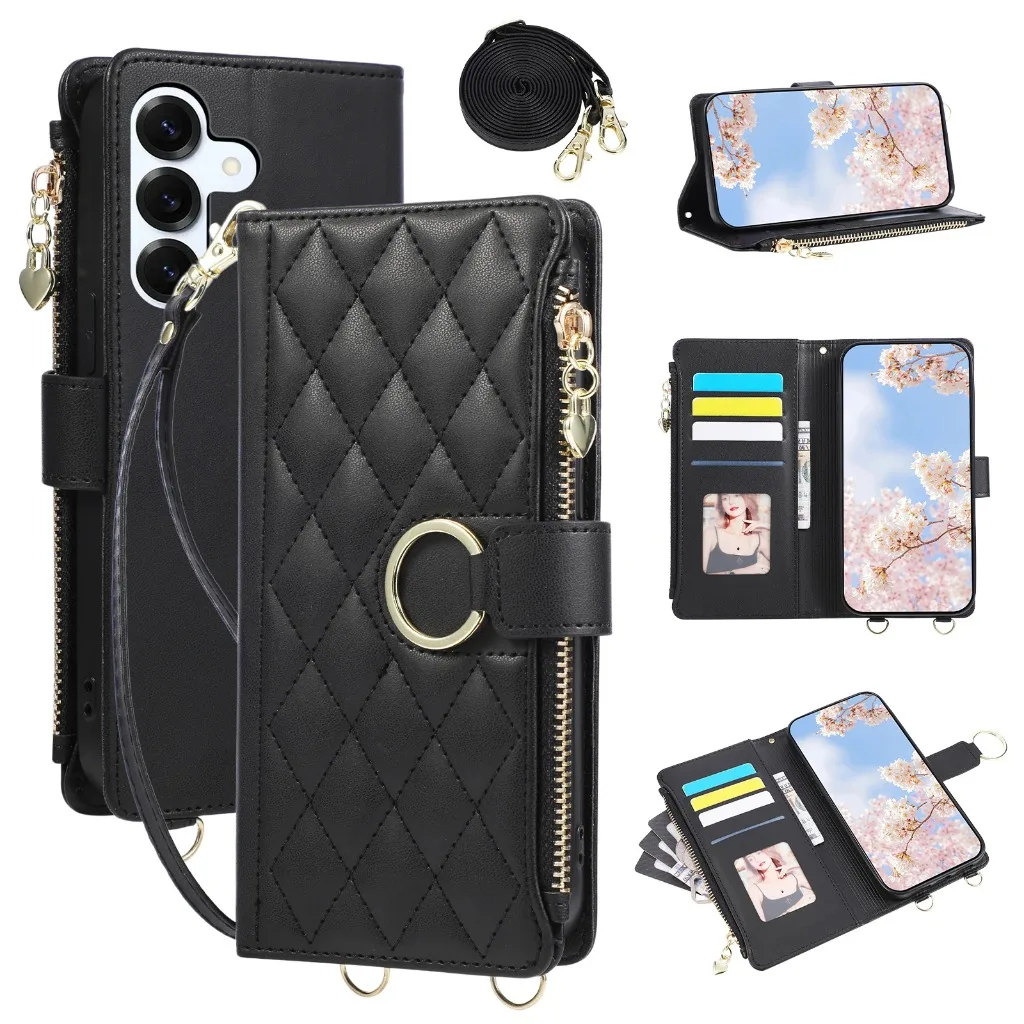 Gesteppte Reißverschluss-Brieftaschen-Handyhülle für Samsung S26 Ultra S25 S24 Plus S23 FE A57 A37 A17 mit Umhängegurt und Leder-Kartenhalter