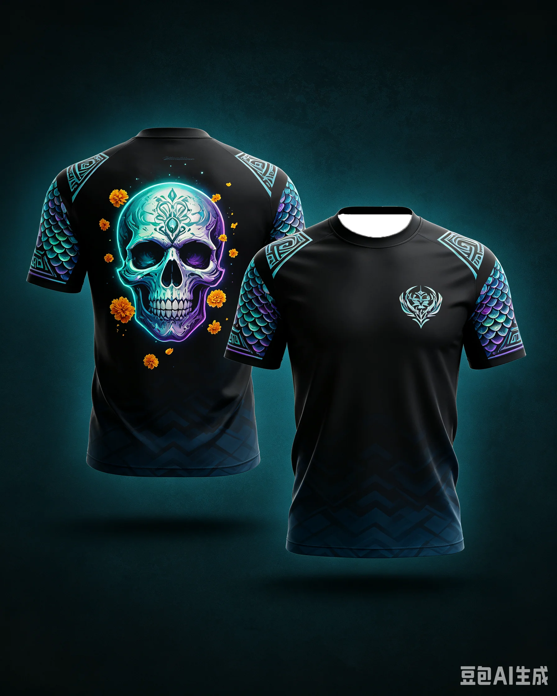 MEXICAN DAY OF THE DEAD T-SHIRT SKULL FLORAL AND FISH SCALE PATTERN DOUBLE-SIDED PRINT CASUAL SHORT-SLEEVED FOR FAMILIES