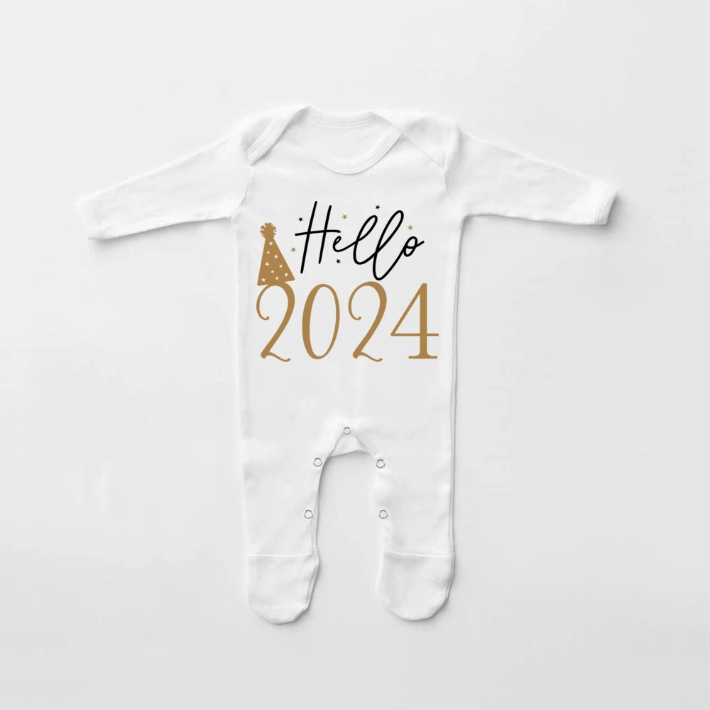 Hello 2024 Happy New Year Babygrow My First New Year Baby Romper Winter Infant Sleepsuit New Year Coming Home Outfit