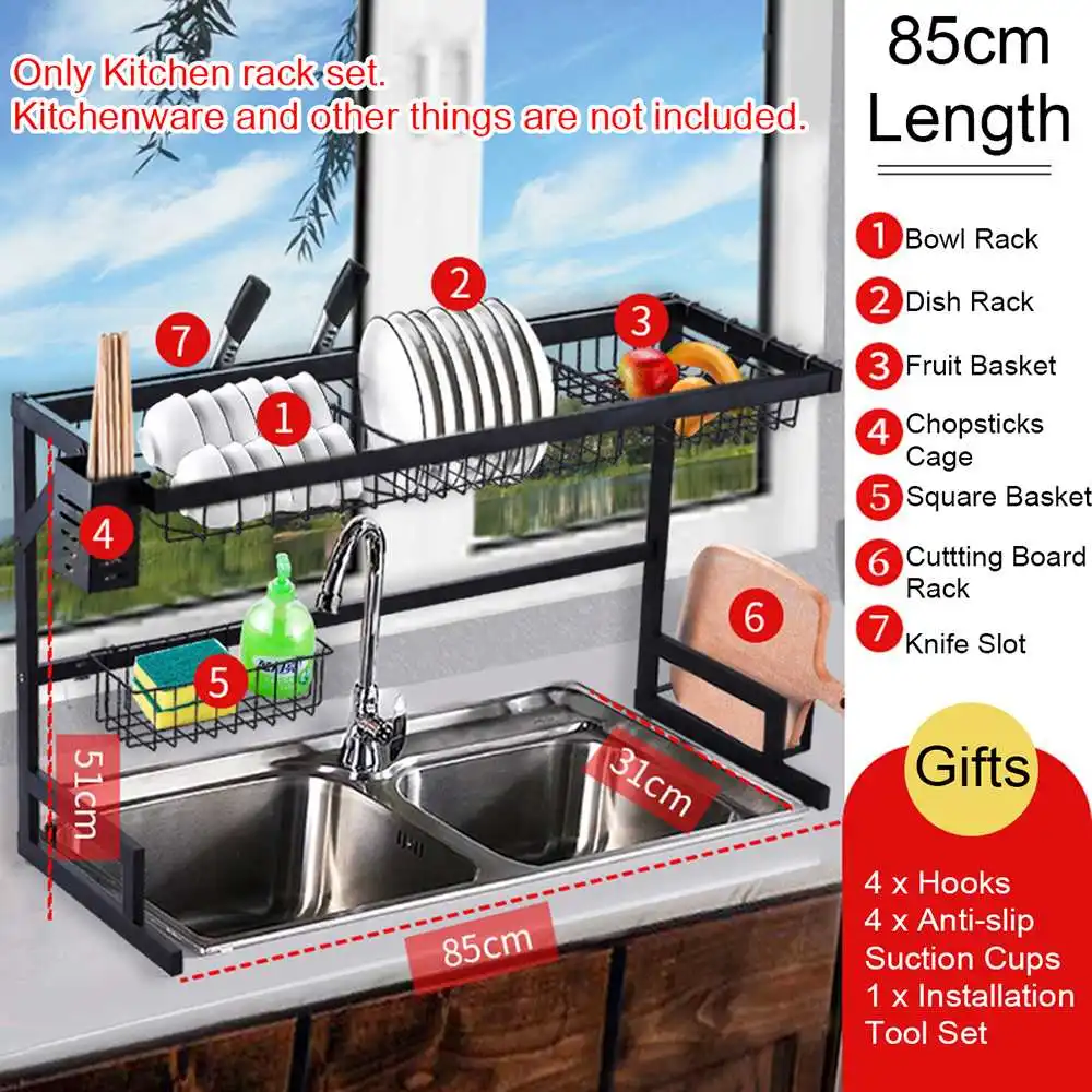 65 85CM Kitchen Shelf Organizer Over The Sink Drain Dish Drying Rack Holder Stainless Steel Storage Countertop Organizer EU