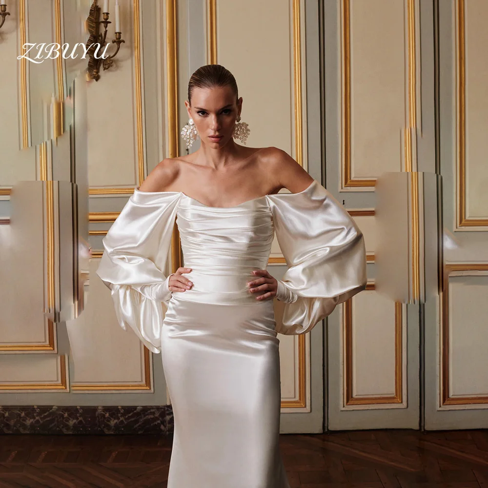 

ZIBUYU Customized Elegant Luxury Wedding Dress Off Shoulder Puff Long Sleeves Satin Ruched Backless Mermaid Strapless Bridal Gow
