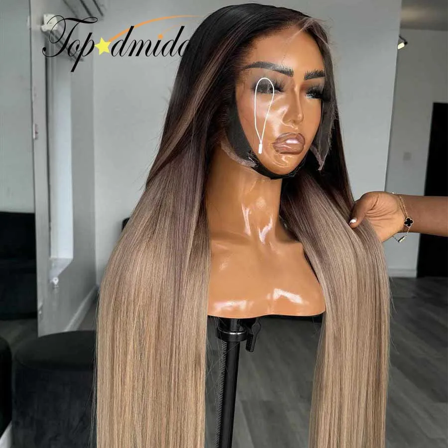 Topodmido-Straight Lace Front Wig com parte do meio, cabelo brasileiro, Ombre Color, 250 Densidade, 13x4, 13x6