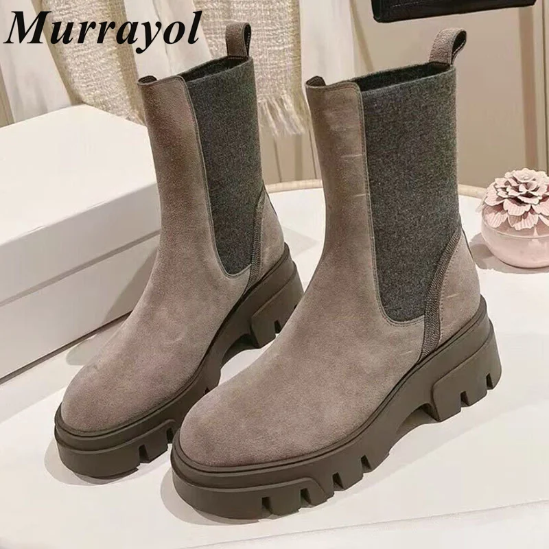 

String Bead Decor Thick Bottom Short Boots Women Cow Suede Elastic Fabric Splicing Mid-Calf Botas Autumn Winter Chelsea Boots