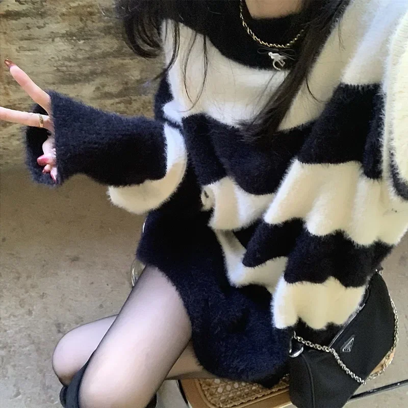 Fur Y2k Striped Kintted Sweater Women Long Korean E-girl Loose Pullovers Spring Autumn Winter Jumper Streetwear Sueter Mujer